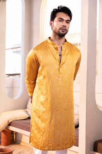 Shop_Kaaj Button_Yellow Cotton, Satin, Linen, Lycra Embroidery, Sequins Rainfall Kurta Set _Online_at_Aza_Fashions