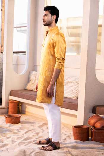 Kaaj Button_Yellow Cotton, Satin, Linen, Lycra Embroidery, Sequins Rainfall Kurta Set _at_Aza_Fashions
