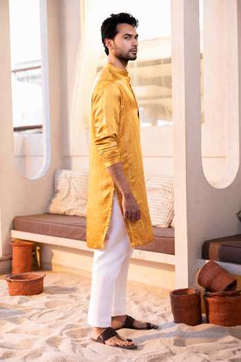 Buy_Kaaj Button_Yellow Cotton, Satin, Linen, Lycra Embroidery, Sequins Rainfall Kurta Set 
