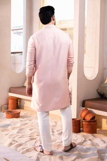 Shop_Kaaj Button_Pink Cotton, Chanderi Silk, Lycra Embroidery Thread Yoke Kurta Set _at_Aza_Fashions