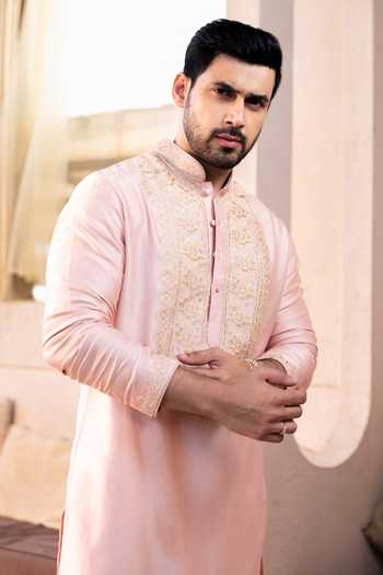 Buy_Kaaj Button_Pink Cotton, Chanderi Silk, Lycra Embroidery Thread Yoke Kurta Set _Online_at_Aza_Fashions