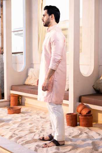 Shop_Kaaj Button_Pink Cotton, Chanderi Silk, Lycra Embroidery Thread Yoke Kurta Set _Online_at_Aza_Fashions
