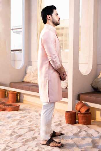Kaaj Button_Pink Cotton, Chanderi Silk, Lycra Embroidery Thread Yoke Kurta Set _at_Aza_Fashions