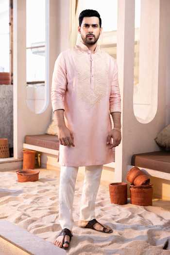 Buy_Kaaj Button_Pink Cotton, Chanderi Silk, Lycra Embroidery Thread Yoke Kurta Set _at_Aza_Fashions