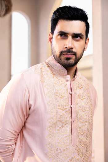 Buy_Kaaj Button_Pink Cotton, Chanderi Silk, Lycra Embroidery Thread Yoke Kurta Set 