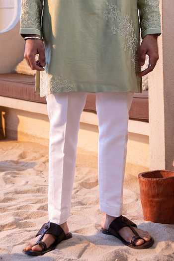 Kaaj Button_Green Cotton, Chanderi Silk, Lycra Embroidery Worms Placement Kurta Set _Online_at_Aza_Fashions