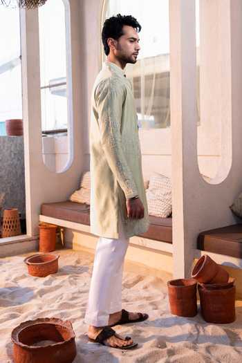 Buy_Kaaj Button_Green Cotton, Chanderi Silk, Lycra Embroidery Worms Placement Kurta Set _Online_at_Aza_Fashions