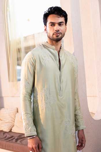Shop_Kaaj Button_Green Cotton, Chanderi Silk, Lycra Embroidery Worms Placement Kurta Set _Online_at_Aza_Fashions