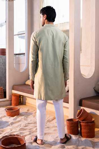 Shop_Kaaj Button_Green Cotton, Chanderi Silk, Lycra Embroidery Worms Placement Kurta Set _at_Aza_Fashions