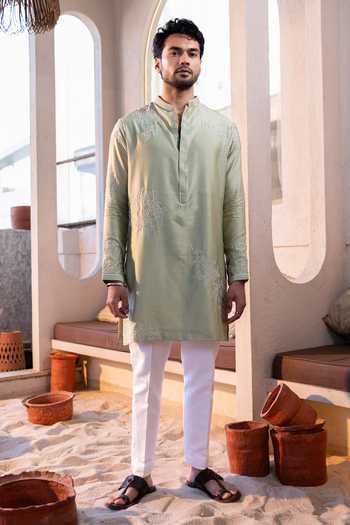 Buy_Kaaj Button_Green Cotton, Chanderi Silk, Lycra Embroidery Worms Placement Kurta Set _at_Aza_Fashions