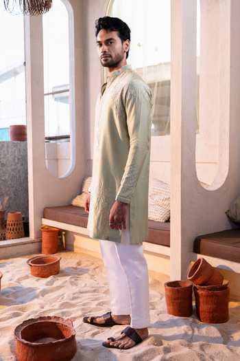 Buy_Kaaj Button_Green Cotton, Chanderi Silk, Lycra Embroidery Worms Placement Kurta Set 