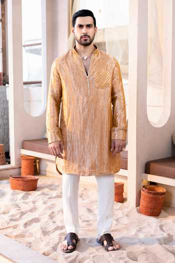 Buy_Kaaj Button_Orange Cotton, Tissue, Lycra Embroidery, Sequins Work Kurta Set _at_Aza_Fashions