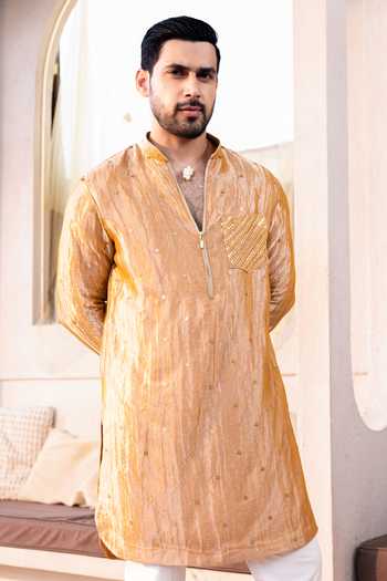 Shop_Kaaj Button_Orange Cotton, Tissue, Lycra Embroidery, Sequins Work Kurta Set _at_Aza_Fashions