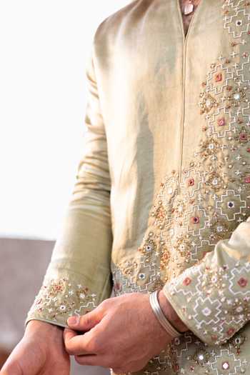Kaaj Button_Green , Linen, Cotton Embroidery, Mirrors Star Cross Kurta Set _Online_at_Aza_Fashions