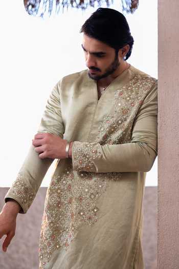 Buy_Kaaj Button_Green , Linen, Cotton Embroidery, Mirrors Star Cross Kurta Set _Online_at_Aza_Fashions