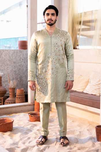 Buy_Kaaj Button_Green , Linen, Cotton Embroidery, Mirrors Star Cross Kurta Set _at_Aza_Fashions