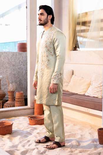 Shop_Kaaj Button_Green , Linen, Cotton Embroidery, Mirrors Star Cross Kurta Set _Online_at_Aza_Fashions