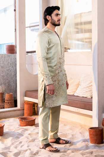 Kaaj Button_Green , Linen, Cotton Embroidery, Mirrors Star Cross Kurta Set _at_Aza_Fashions
