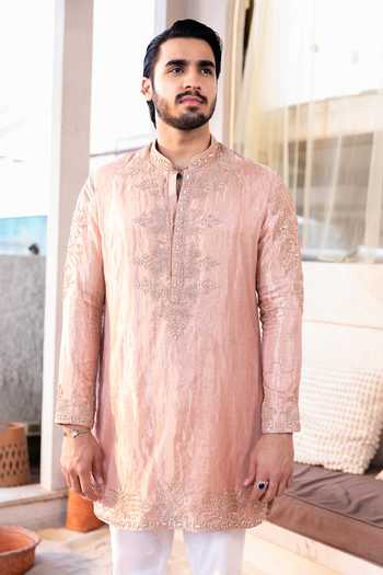 Kaaj Button_Pink Cotton, Tissue, Lycra Embroidery, Zari Maharaja Kurta Set _Online_at_Aza_Fashions