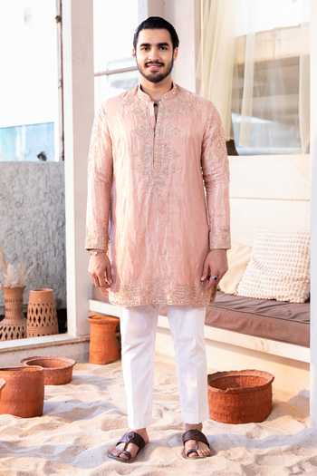Buy_Kaaj Button_Pink Cotton, Tissue, Lycra Embroidery, Zari Maharaja Kurta Set _at_Aza_Fashions