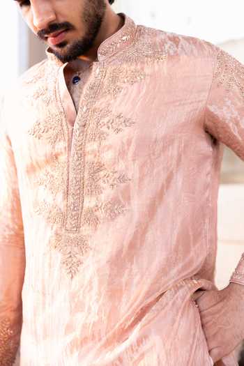 Buy_Kaaj Button_Pink Cotton, Tissue, Lycra Embroidery, Zari Maharaja Kurta Set _Online_at_Aza_Fashions