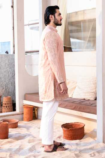 Shop_Kaaj Button_Pink Cotton, Tissue, Lycra Embroidery, Zari Maharaja Kurta Set _Online_at_Aza_Fashions