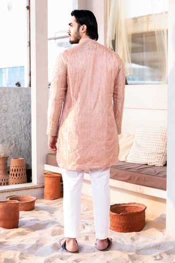 Shop_Kaaj Button_Pink Cotton, Tissue, Lycra Embroidery, Zari Maharaja Kurta Set _at_Aza_Fashions
