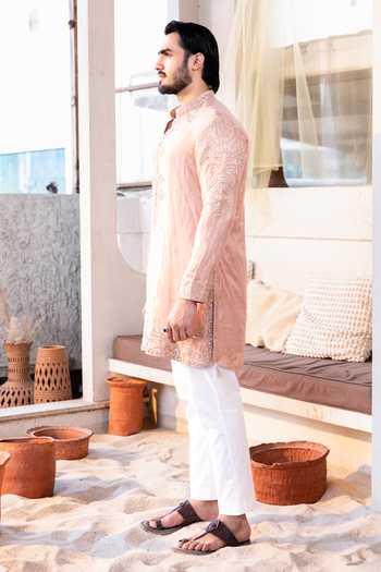 Kaaj Button_Pink Cotton, Tissue, Lycra Embroidery, Zari Maharaja Kurta Set _at_Aza_Fashions