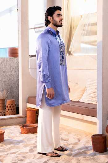 Kaaj Button_Purple Cotton, Satin, Linen, Twill Sequins Shimmer Yoke Embroidered Kurta Set _Online_at_Aza_Fashions