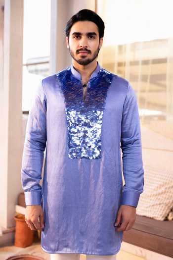Buy_Kaaj Button_Purple Cotton, Satin, Linen, Twill Sequins Shimmer Yoke Embroidered Kurta Set _Online_at_Aza_Fashions