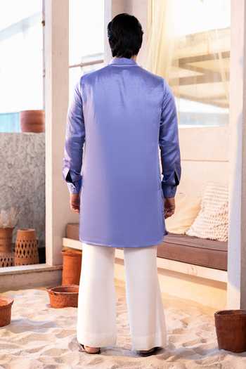 Shop_Kaaj Button_Purple Cotton, Satin, Linen, Twill Sequins Shimmer Yoke Embroidered Kurta Set _at_Aza_Fashions