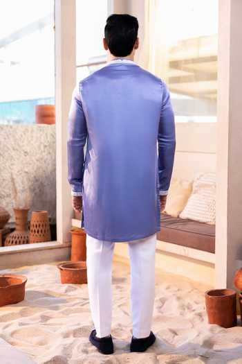 Shop_Kaaj Button_Purple Cotton, Satin, Linen, Lycra Embroidery Peacock Thread Work Kurta Set _at_Aza_Fashions