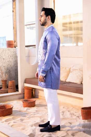 Buy_Kaaj Button_Purple Cotton, Satin, Linen, Lycra Embroidery Peacock Thread Work Kurta Set _Online_at_Aza_Fashions