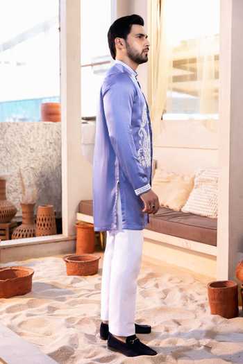 Shop_Kaaj Button_Purple Cotton, Satin, Linen, Lycra Embroidery Peacock Thread Work Kurta Set _Online_at_Aza_Fashions