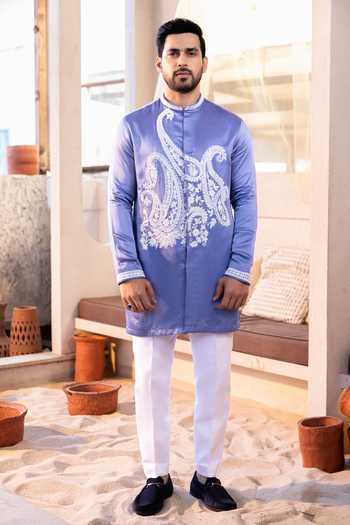 Buy_Kaaj Button_Purple Cotton, Satin, Linen, Lycra Embroidery Peacock Thread Work Kurta Set _at_Aza_Fashions