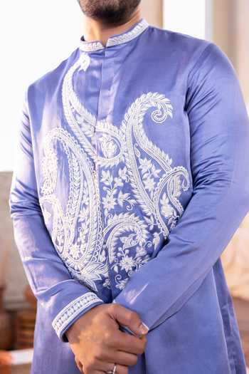 Buy_Kaaj Button_Purple Cotton, Satin, Linen, Lycra Embroidery Peacock Thread Work Kurta Set 