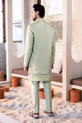 Shop_Kaaj Button_Green Chanderi Silk, Tissue Zardozi Embroidered Bundi And Kurta Set _at_Aza_Fashions