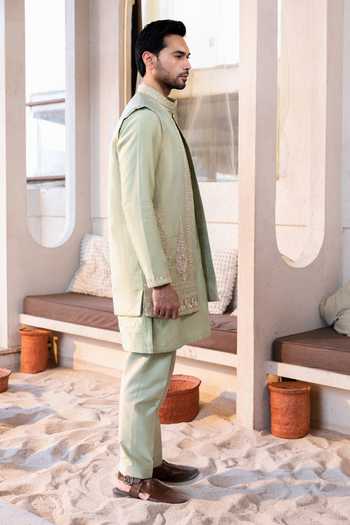Kaaj Button_Green Chanderi Silk, Tissue Zardozi Embroidered Bundi And Kurta Set _Online_at_Aza_Fashions