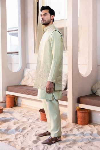Buy_Kaaj Button_Green Chanderi Silk, Tissue Zardozi Embroidered Bundi And Kurta Set _Online_at_Aza_Fashions