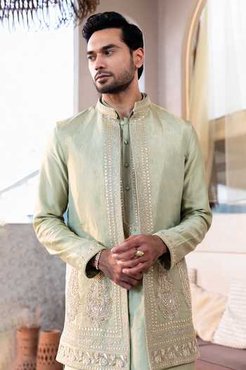 Shop_Kaaj Button_Green Chanderi Silk, Tissue Zardozi Embroidered Bundi And Kurta Set _Online_at_Aza_Fashions
