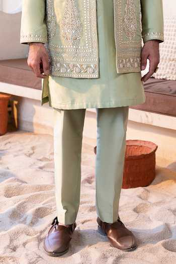 Kaaj Button_Green Chanderi Silk, Tissue Zardozi Embroidered Bundi And Kurta Set _at_Aza_Fashions
