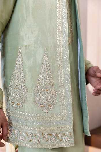 Buy_Kaaj Button_Green Chanderi Silk, Tissue Zardozi Embroidered Bundi And Kurta Set 