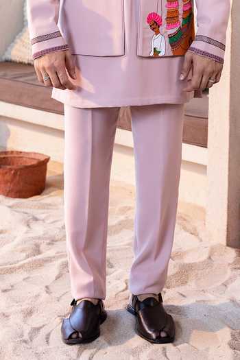 Kaaj Button_Pink Tassels, Fabric Flowers Camel Carnival Embroidered Sherwani Set _Online_at_Aza_Fashions