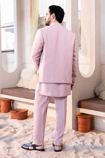 Shop_Kaaj Button_Pink Tassels, Fabric Flowers Camel Carnival Embroidered Sherwani Set _at_Aza_Fashions