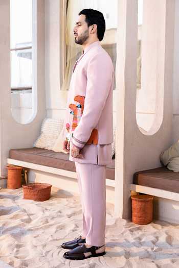 Buy_Kaaj Button_Pink Tassels, Fabric Flowers Camel Carnival Embroidered Sherwani Set _Online_at_Aza_Fashions