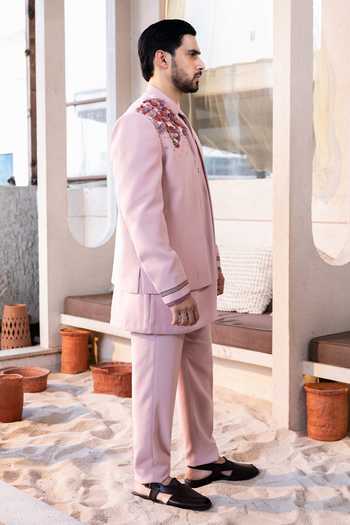 Shop_Kaaj Button_Pink Tassels, Fabric Flowers Camel Carnival Embroidered Sherwani Set _Online_at_Aza_Fashions