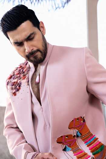 Kaaj Button_Pink Tassels, Fabric Flowers Camel Carnival Embroidered Sherwani Set _at_Aza_Fashions