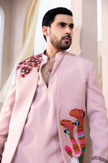 Buy_Kaaj Button_Pink Tassels, Fabric Flowers Camel Carnival Embroidered Sherwani Set 