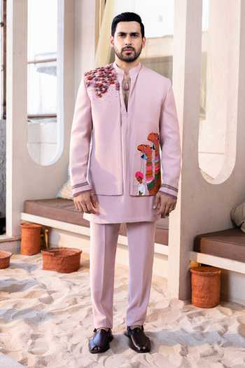 Buy_Kaaj Button_Pink Tassels, Fabric Flowers Camel Carnival Embroidered Sherwani Set _at_Aza_Fashions