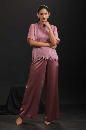 Buy_Vedangi Agarwal_Pink Organza, Georgette, Satin Embroidery, Cut Work High Neck And Top & Pant Set _at_Aza_Fashions